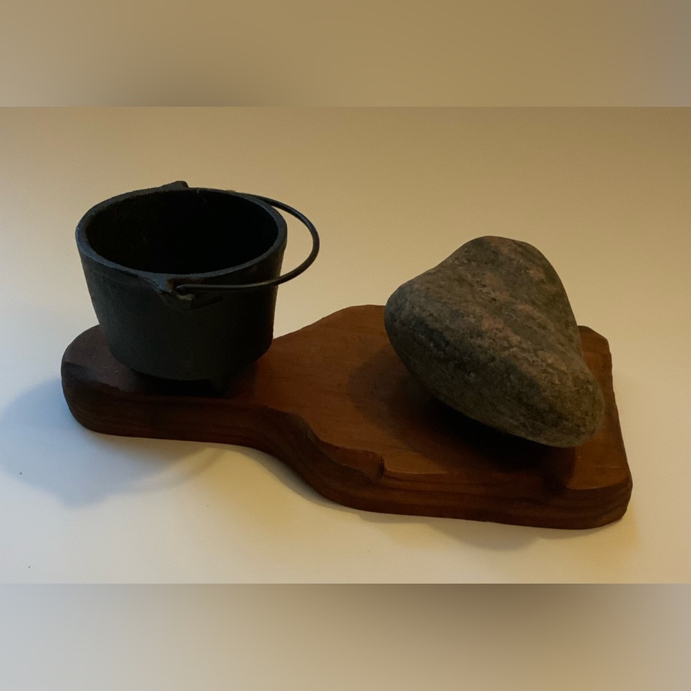Rustic Black Mini Cast Iron Cauldron with Natural Gray Stone Accent